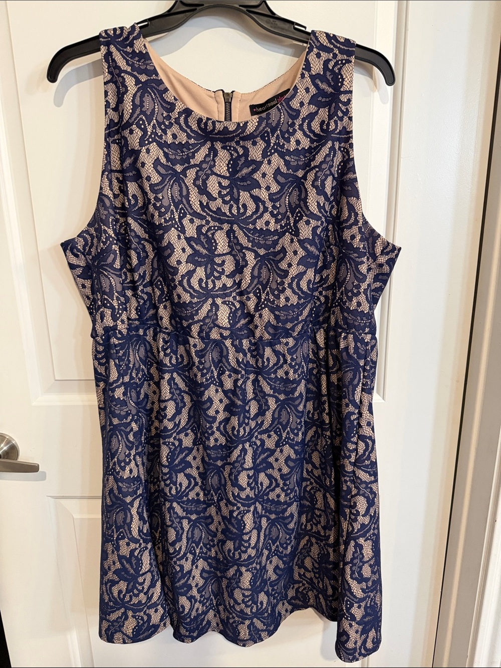 HeartSoul Plus Navy Lace Overlay Mini Dress with Cream Lining